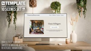 Videohive Computer Monitor Screen Replacement Template | Boho Rustical Room | 10 Scenes Set Product Promo template preview