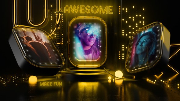 3D Luxury Neon Intro Gold Fun Slideshow Openers template preview