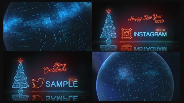 Videohive Happy New Year and Merry Christmas Digital Neon Logo Reveal | 2 mode Logo Stings template preview