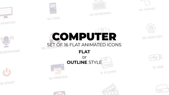Videohive Computer - Set of 16 Animated Icons Flat or Outline style Elements template preview
