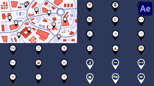 Videohive Map And Pin Location Icons for After Effects Elements template preview