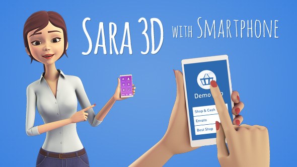 Sara 3D Character with Smartphone - Female Presenter for Mobile App Video Displays template preview