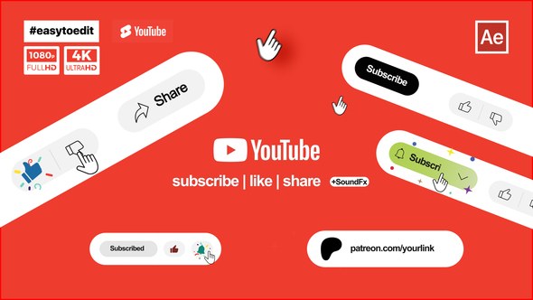 Videohive YouTube Subscribe Like Share Buttons Elements template preview