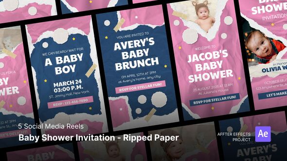 Videohive Social Media Reels - Baby Shower Invitation Ripped Paper Style After Effects Template Product Promo template preview