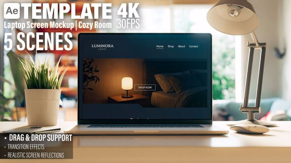 Videohive Laptop Screen Mockup in Cozy Room - Website or Application Promo - 5 Scenes AE Template Elements template preview