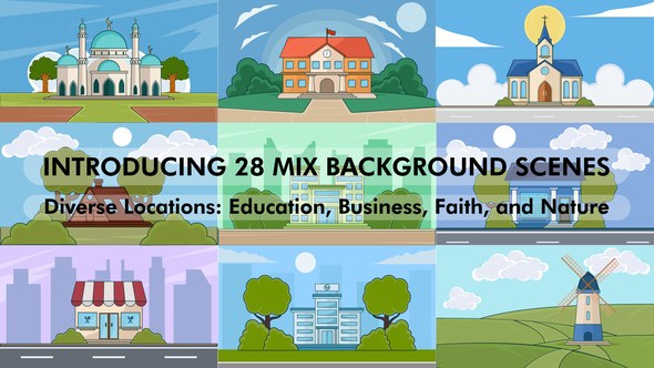 Videohive set of building background scenes vector illustration cartoon animation video Video Displays template preview