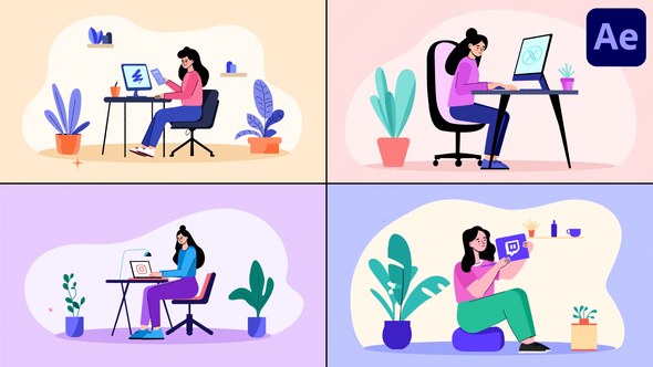 Videohive Girl Working On Computer Explainer for After Effects Openers template preview