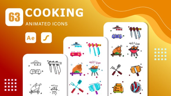Videohive 63 Cooking Animated Icons | After Effects Template & Lottie Animation Elements template preview