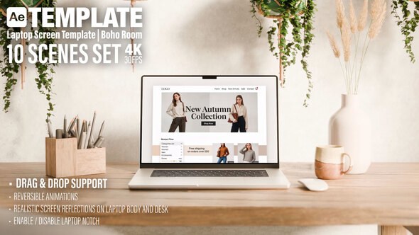 Videohive Laptop Screen Mockup | AE Template | Boho Rustical Room | 10 Scenes Set Product Promo template preview
