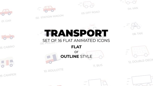 Videohive Transport - Set of 16 Animated Icons Flat or Outline style Elements template preview