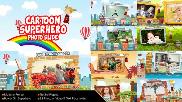 Videohive Flying Cartoon Superhero Slideshow Video Displays template preview