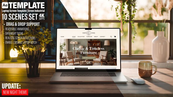 Videohive Laptop Screen Mockup | Industrial Room | Day & Night 10 Scenes Set | AE Template Video Displays template preview