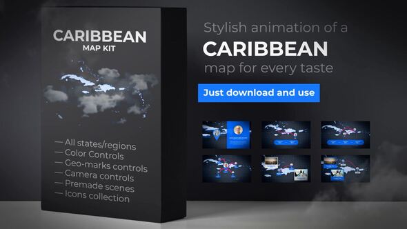 Videohive Map of Caribbean Islands with Countries - Caribbean Islands Map Kit Video Displays template preview