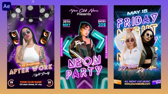 Videohive Neon Party Instagram Reels Openers template preview