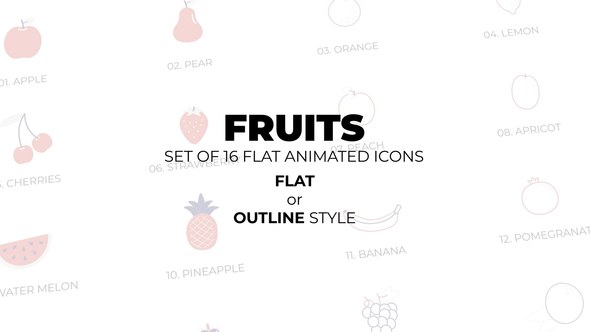 Videohive Fruits - Set of 16 Animated Icons Flat or Outline style Elements template preview