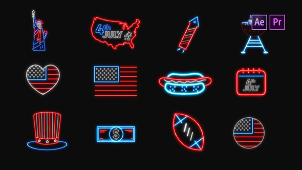 Videohive 4th of July Neon Icons | Resizable Elements template preview