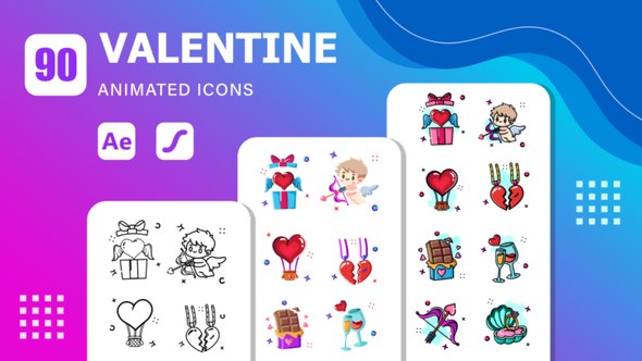 Videohive 90 Valentine Animated Icons | After Effects Template & Lottie Animation Elements template preview