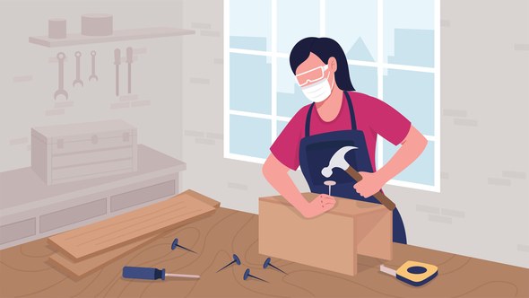 Videohive Female cabinetmaker driving nails with hammer flat color animated illustration Elements template preview