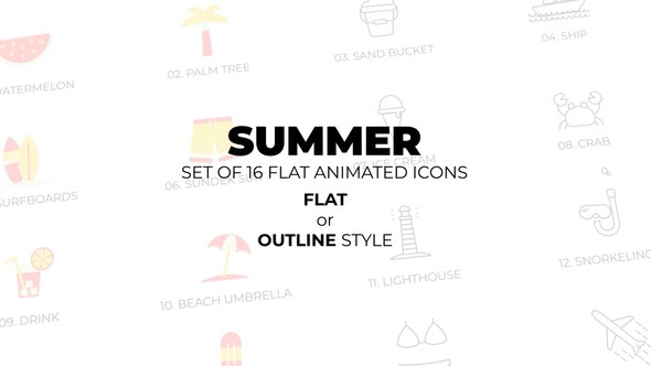 Videohive Summer - Set of 16 Animated Icons Flat or Outline style Elements template preview