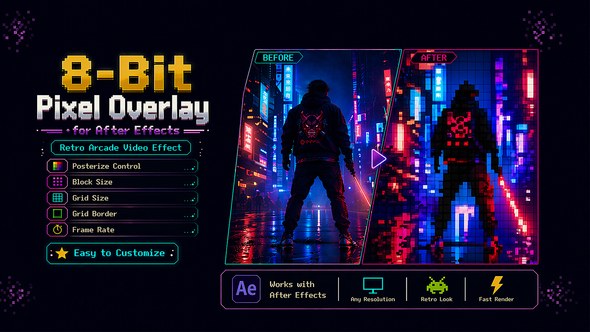 8-Bit Pixel Overlay for After Effects - Retro Arcade Video Effect Elements template preview