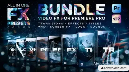 FX Presets Bundle for Premiere Pro | Transitions, Titles, Effects, VHS, LUTs, Logo, Sounds Premiere Pro template preview