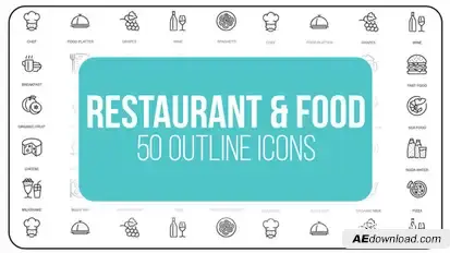Restaurant and Sport - 50 Thin Line Icons Video Displays template preview