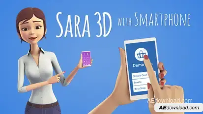Sara 3D Character with Smartphone - Female Presenter for Mobile App Video Displays template preview