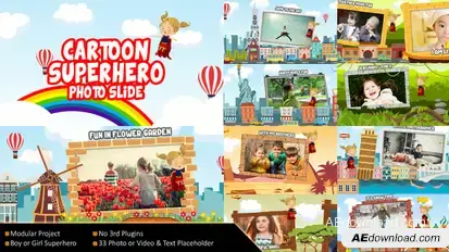 Flying Cartoon Superhero Slideshow Video Displays template preview
