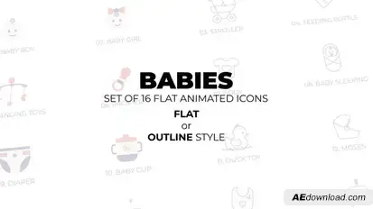 Mother's day - Babies - Set of 16 Animated Icons Flat or Outline style Elements template preview