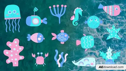 Sticker Pack - Children Graphic Ocean Life After Effects Project Template Elements template preview